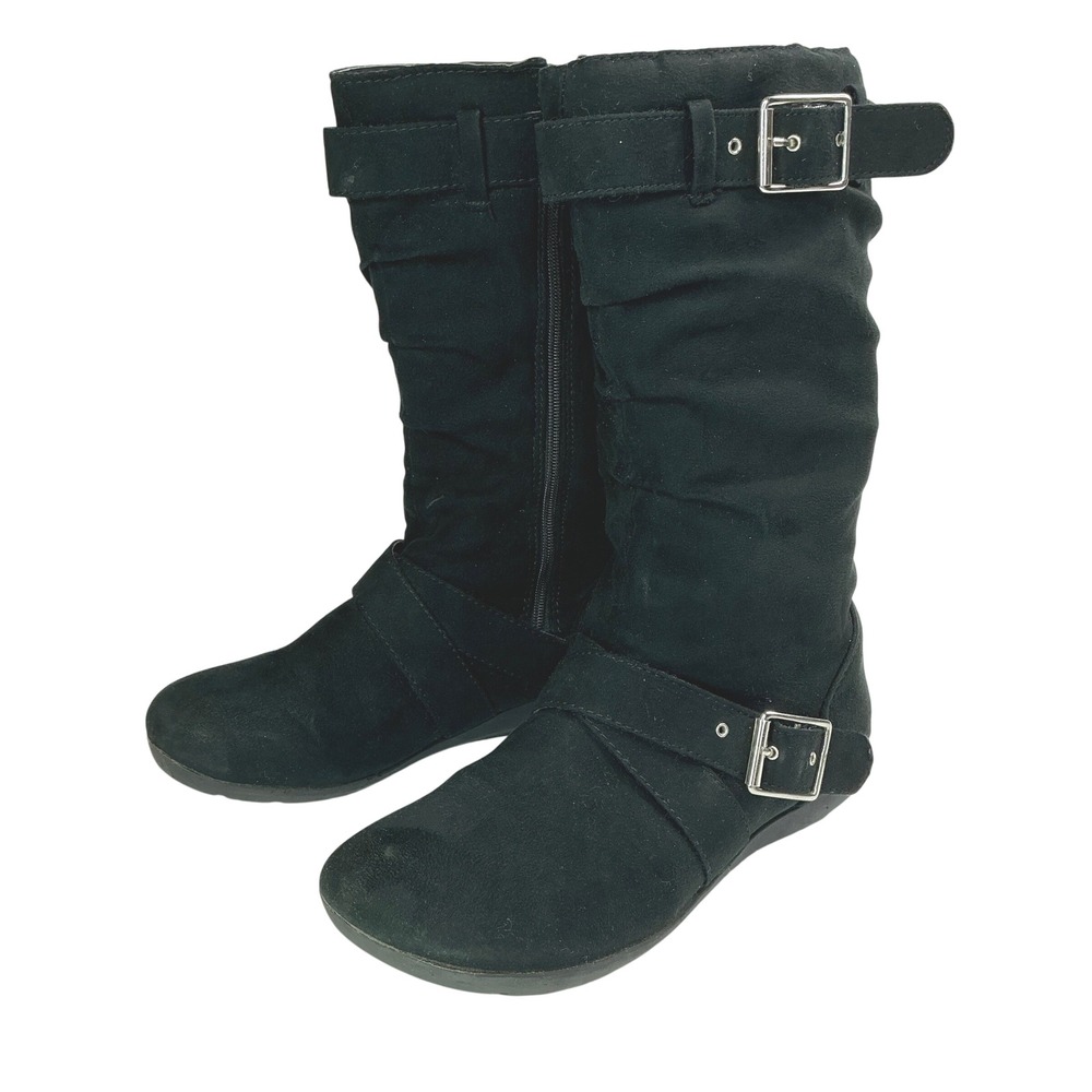 Zodiac Black Slouchy Buckle Boots Kids Size 3 Mid Calf Side Zip 77045 1
